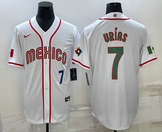 Mens Mexico Baseball #7 Julio Urias Number 2023 White Blue World Baseball Classic Stitched Jersey